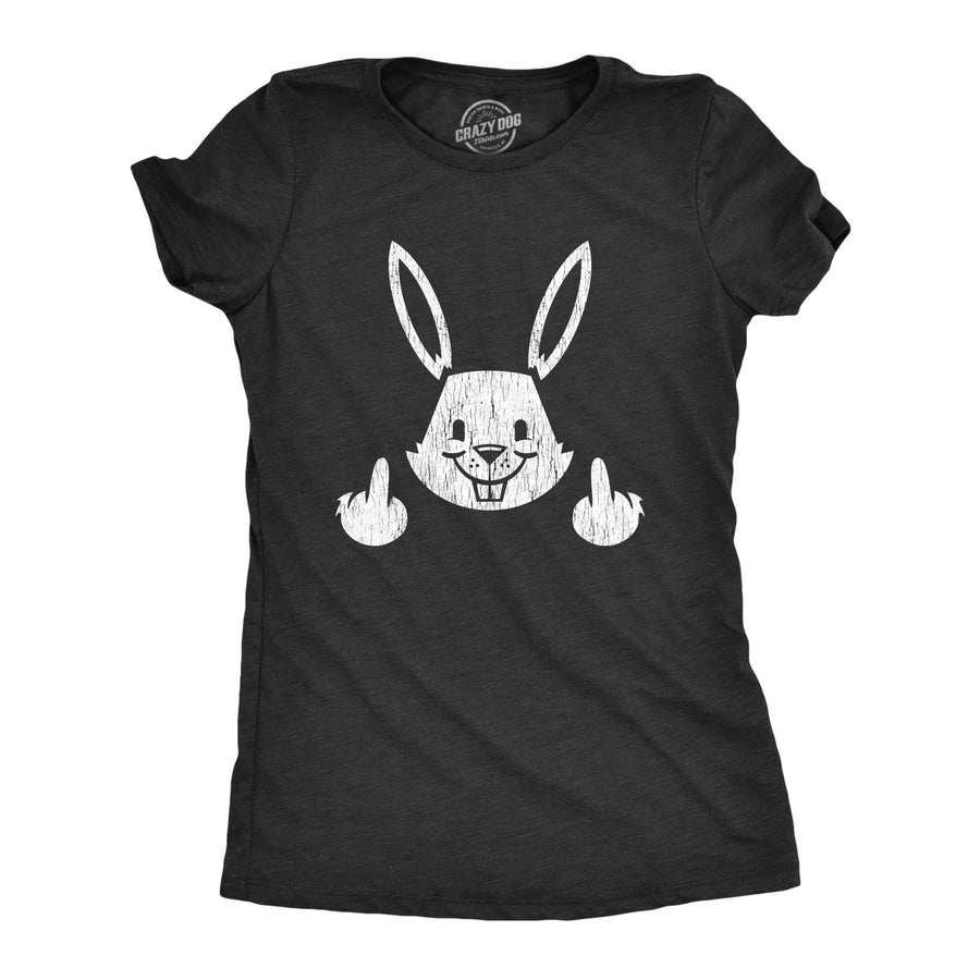 Funny Heather Black Bunny Flipping The Bird Womens T Shirt Nerdy Easter Sarcastic Tee