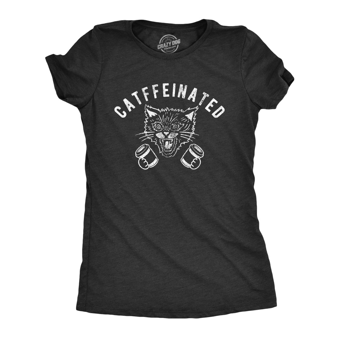 Funny Heather Black Catffeinated Womens T Shirt Nerdy Cat Coffee Tee