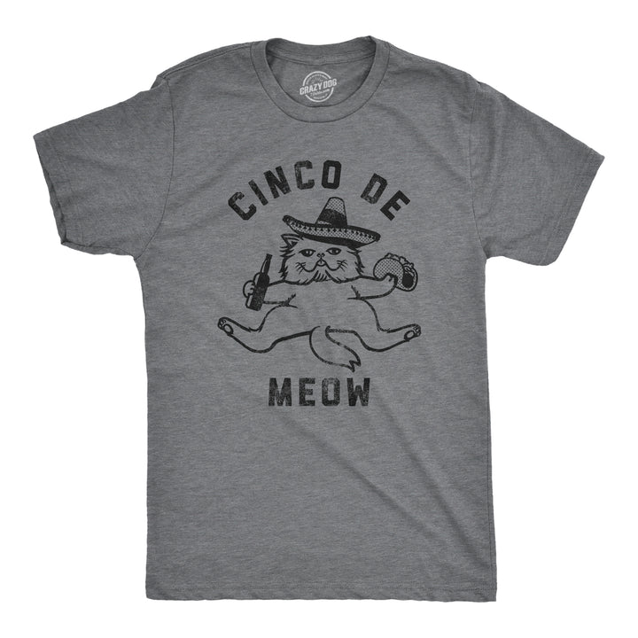 Funny Dark Heather Grey Cinco De Meow Mens T Shirt Nerdy Cinco De Mayo Cat Beer Tee