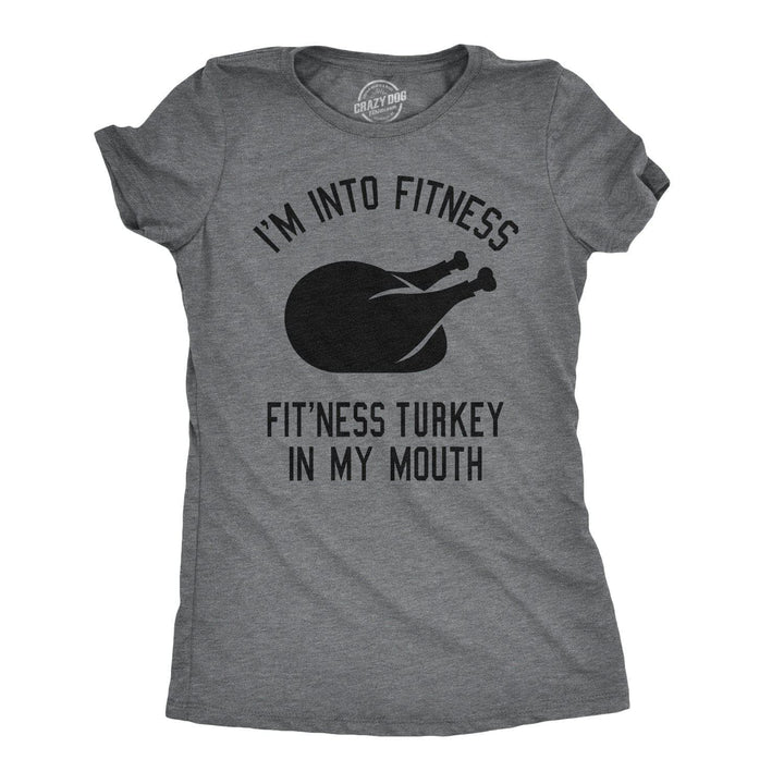 Funny Dark Heather Grey Fitness Turkey In My Mouth Womens T Shirt Nerdy Thanksgiving Fitness Food Tee