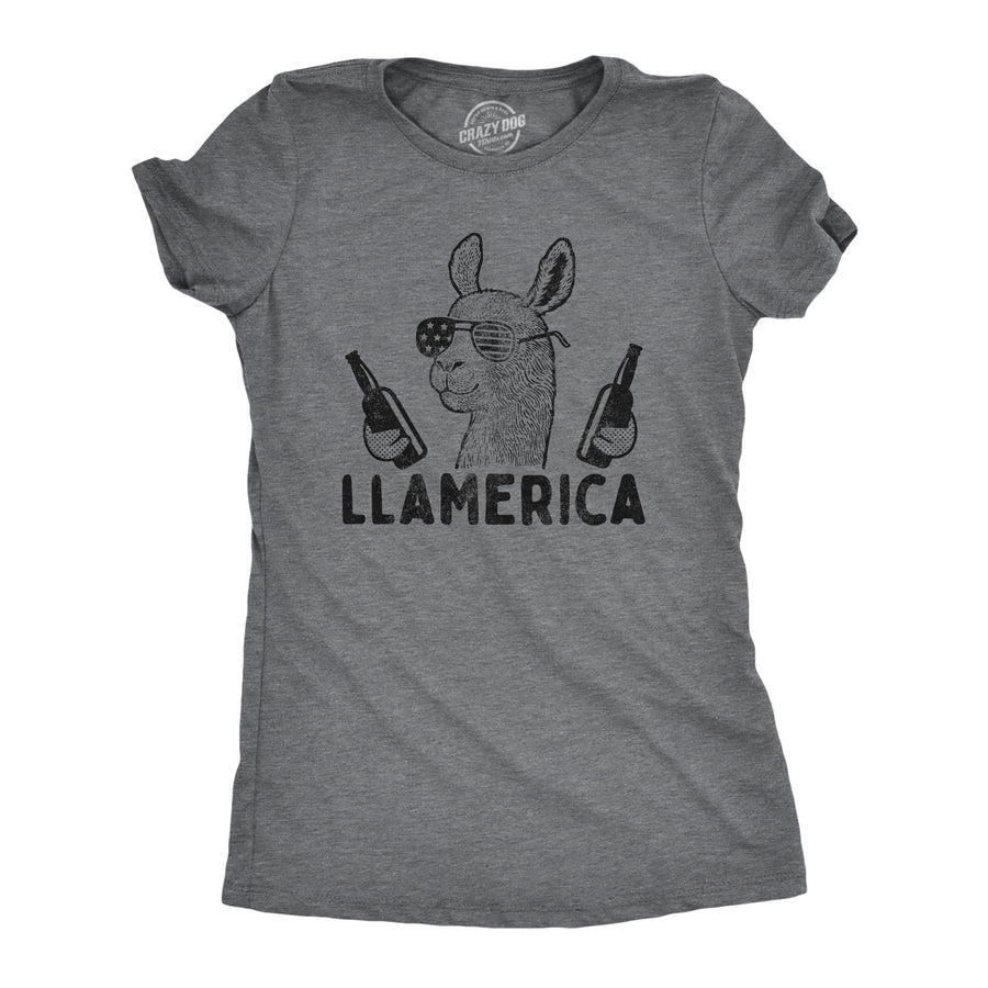 Funny Dark Heather Grey Llamerica Womens T Shirt Nerdy Fourth of July Animal Tee