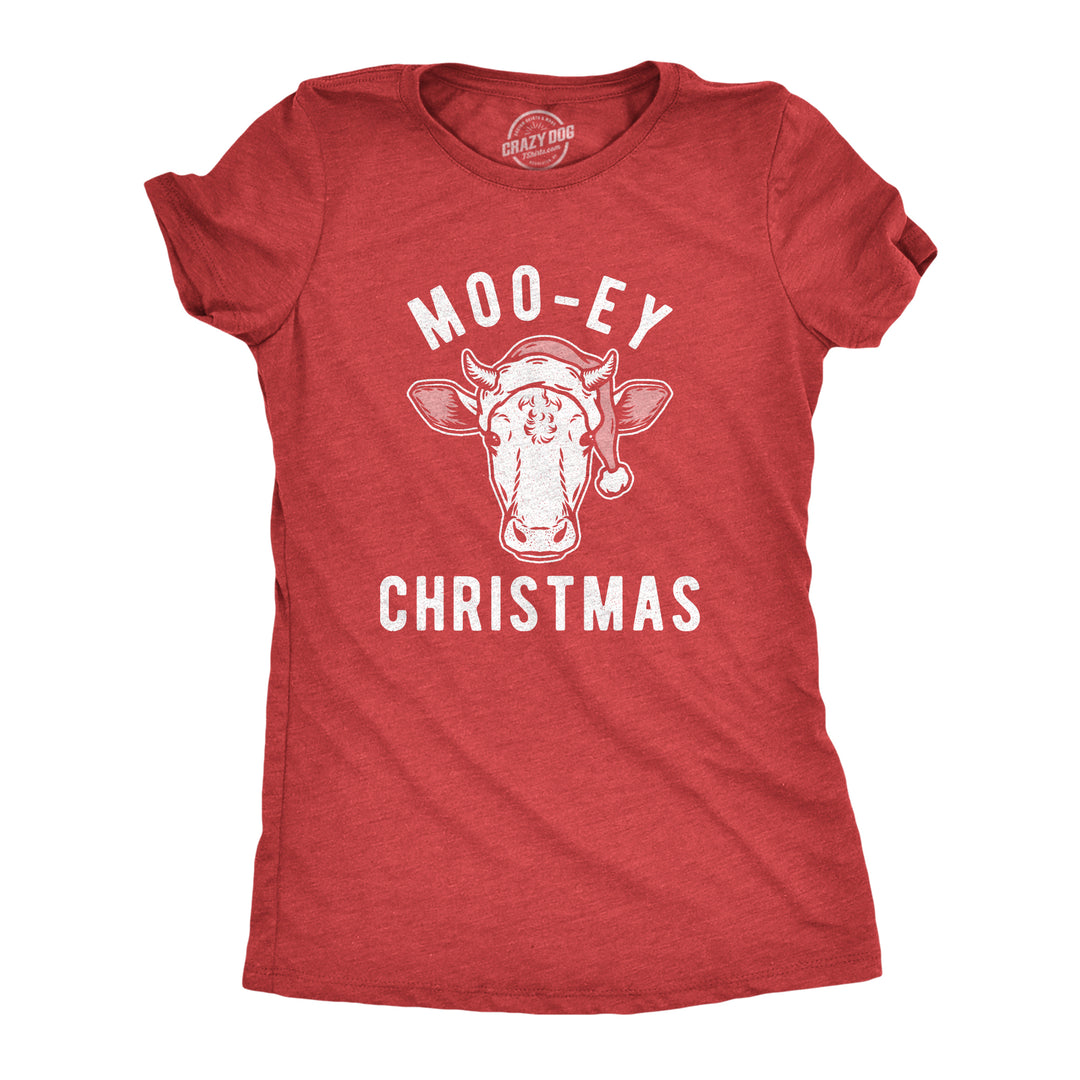 Funny Heather Red Moo-ey Christmas Womens T Shirt Nerdy Christmas Animal Tee