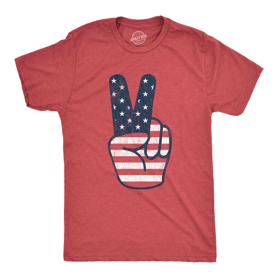 Funny Heather Red Peace Sign American Flag Mens T Shirt Nerdy Fourth Of July Tee