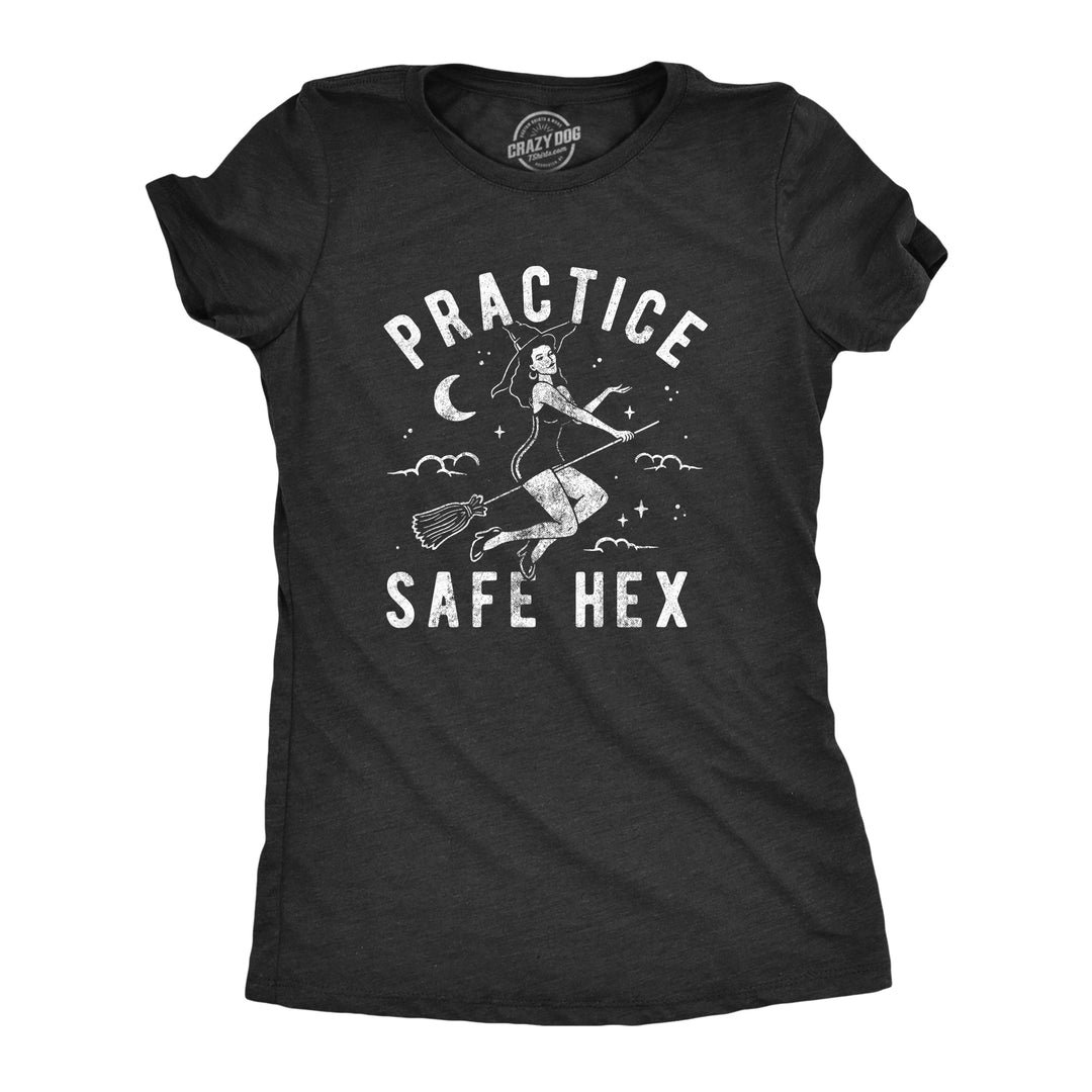 Funny Heather Black Practice Safe Hex Womens T Shirt Nerdy Halloween Sex Tee