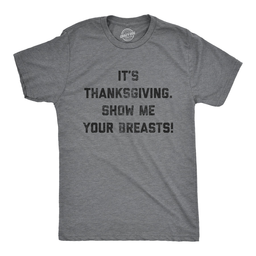 Funny Dark Heather Grey It's Thanksgiving Show Me Your Breasts Mens T Shirt Nerdy Thanksgiving Sex Tee