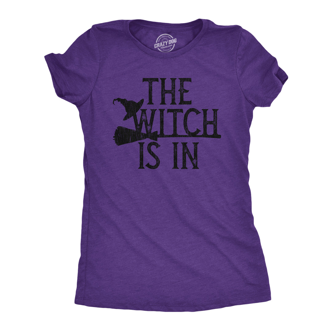 Funny Heather Purple - Witch Is In The Witch Is In Broomstick Womens T Shirt Nerdy Halloween Tee