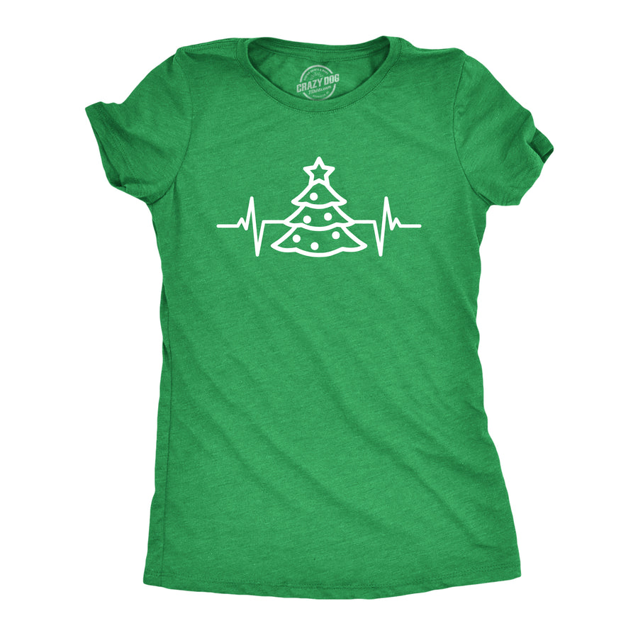 Funny Heather Green Christmas Tree Heart Beat Womens T Shirt Nerdy Christmas Tee