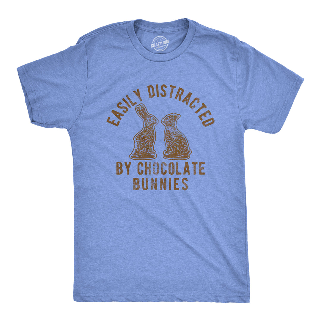 Funny Light Heather Blue Easily Distracted By Chocolate Bunnies Mens T Shirt Nerdy Easter Tee