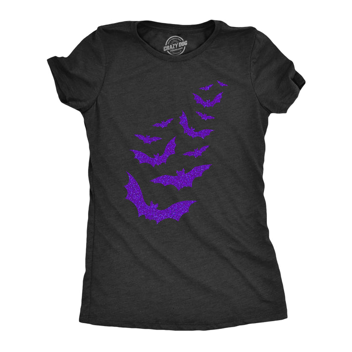 Funny Heather Black Glitter Bats Womens T Shirt Nerdy Halloween Animal Tee