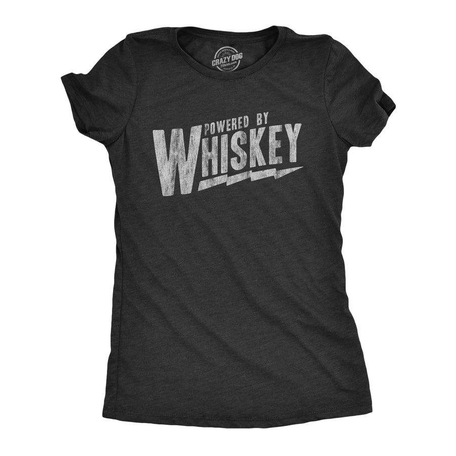 Funny Heather Black Powered By Whiskey Womens T Shirt Nerdy Liquor Drinking Sarcastic Tee