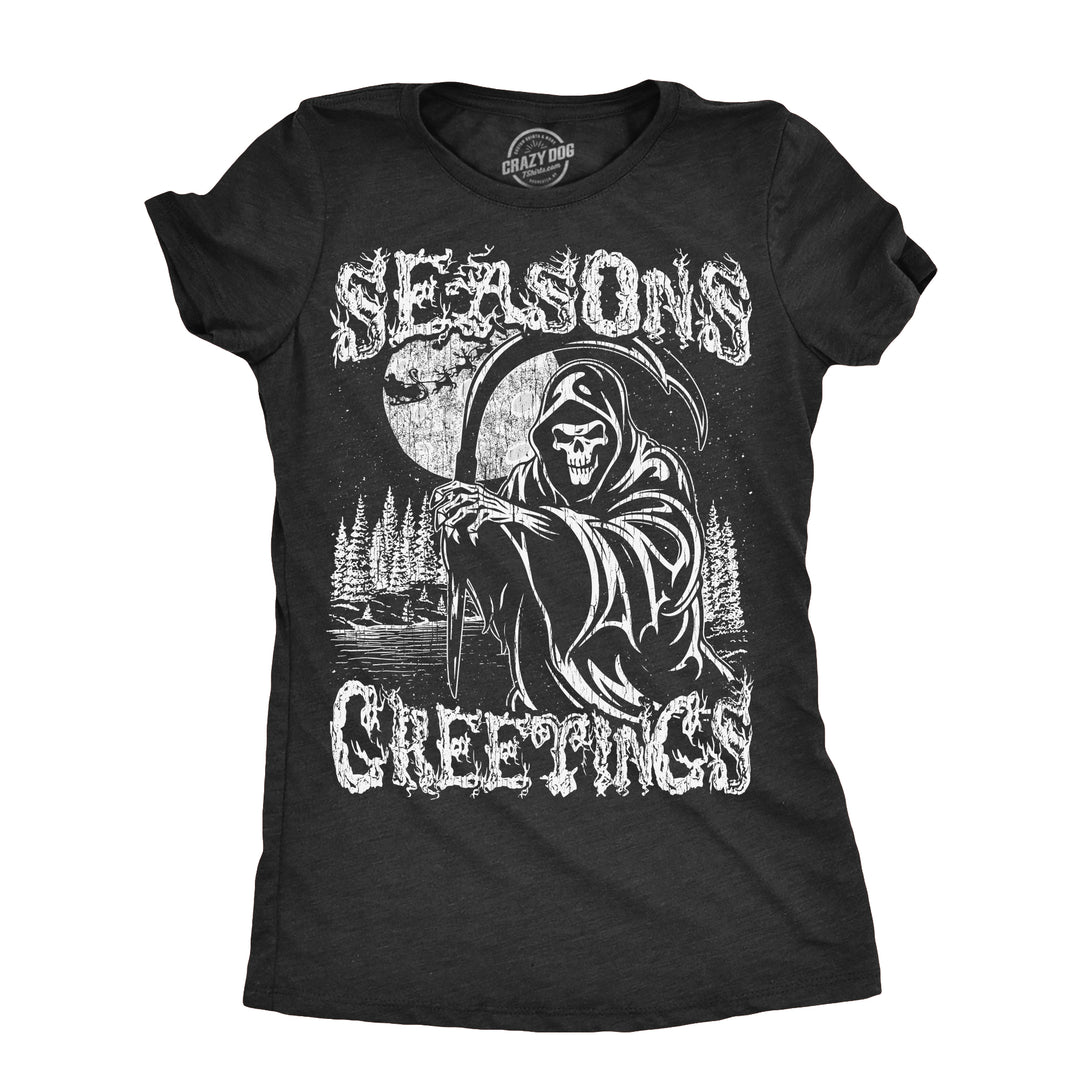 Funny Heather Black - GREETINGS Seasons Greetings Reaper Womens T Shirt Nerdy Christmas Sarcastic Tee