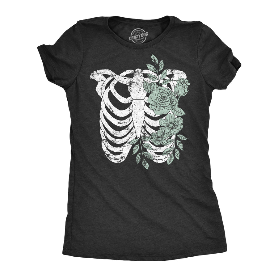 Funny Heather Black - RIBCAGE Floral Ribcage Womens T Shirt Nerdy Halloween Tee