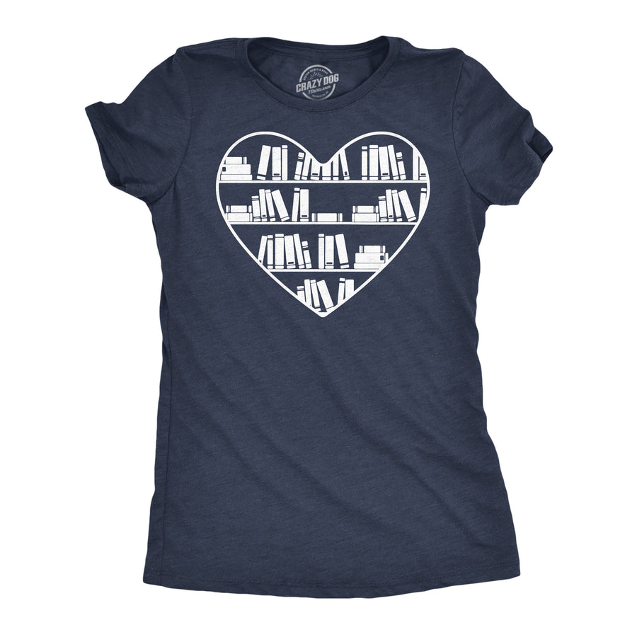 Funny Heather Navy - Bookshelf Heart Bookshelf Heart Womens T Shirt Nerdy Nerdy Tee