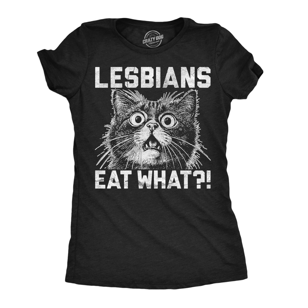 Funny Heather Black - Lesbains Eat Lesbians Eat What Womens T Shirt Nerdy cat sarcastic Tee