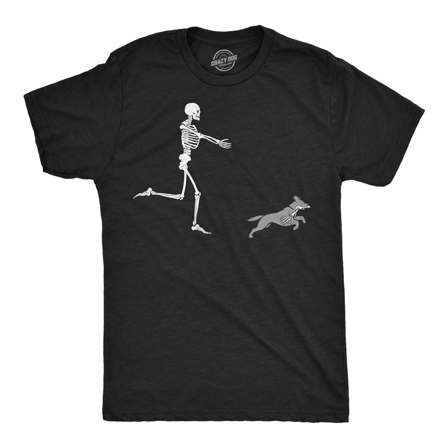 Funny Heather Black - Skeleton Dog Skeleton Chasing Dog Mens T Shirt Nerdy Halloween sarcastic dog Tee