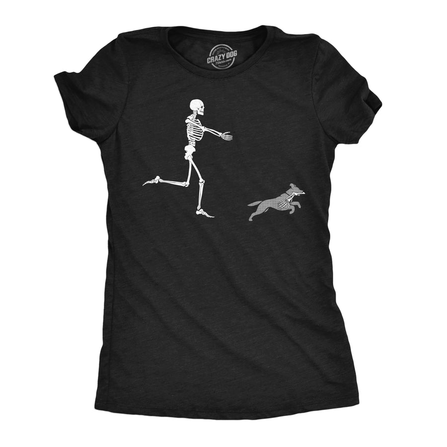 Funny Heather Black - Skeleton Dog Skeleton Chasing Dog Womens T Shirt Nerdy Halloween sarcastic dog Tee