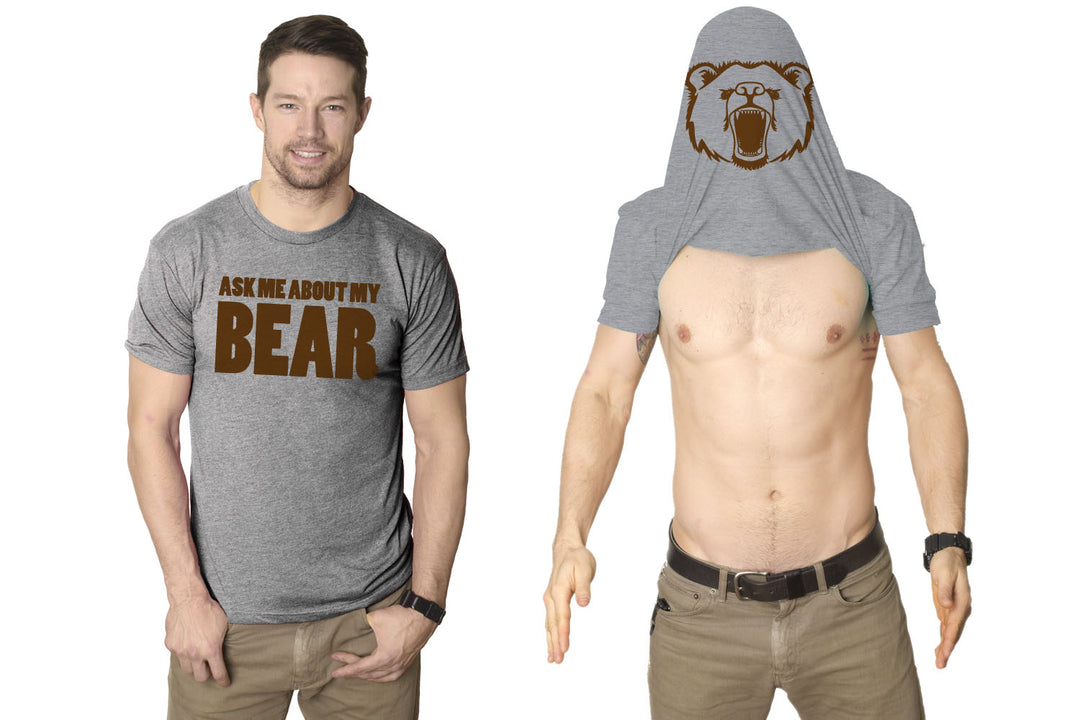 Funny Light Heather Grey Ask Me About My Bear Mens T Shirt Nerdy Animal Flip Tee