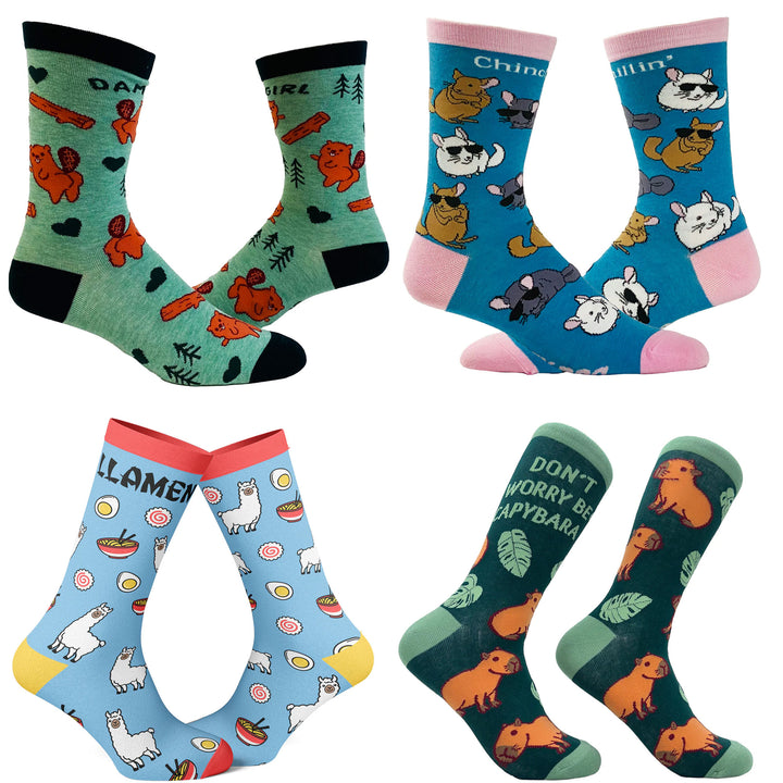 Funny Animal Womens Animal Sock 4 Pack Sock Nerdy animal Food sarcastic Tee