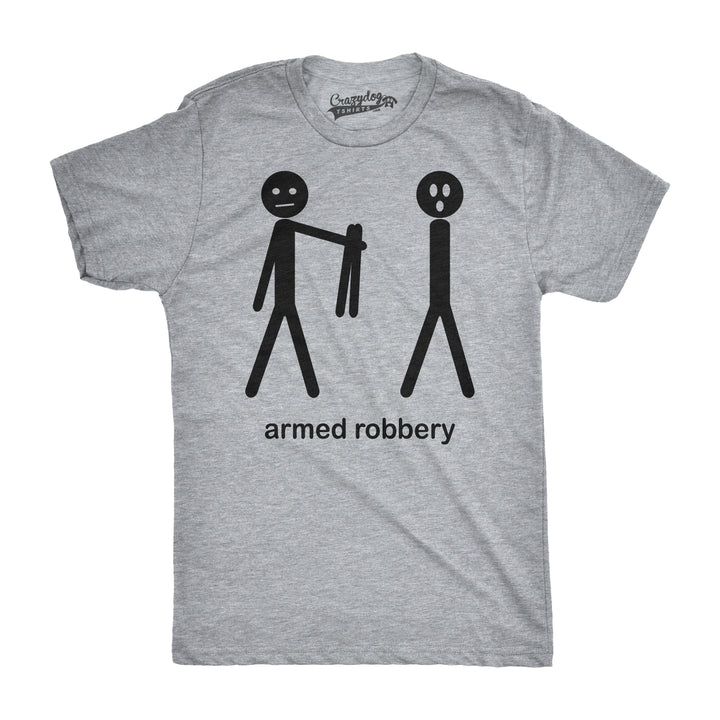 Funny Light Heather Grey Armed Robbery Stick Figure Mens T Shirt Nerdy Sarcastic Tee