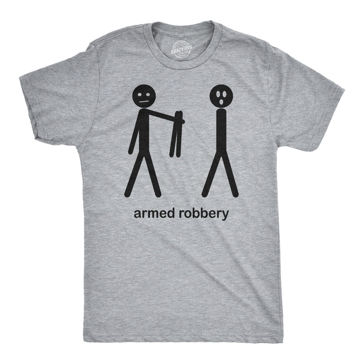 Funny Light Heather Grey Armed Robbery Stick Figure Mens T Shirt Nerdy Sarcastic Tee