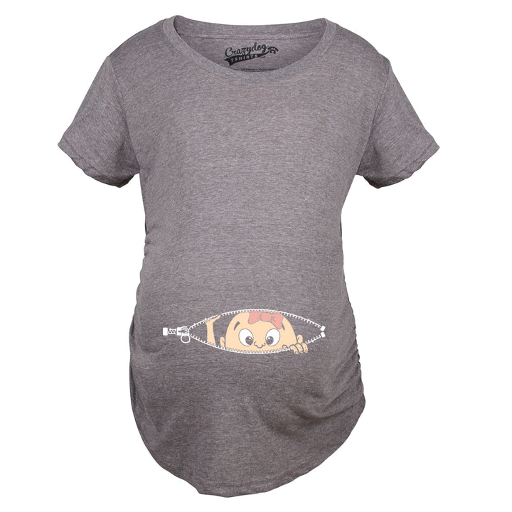 Funny Dark Heather Grey Peeking Caucasian Baby Girl Maternity T Shirt Nerdy Peeking Tee