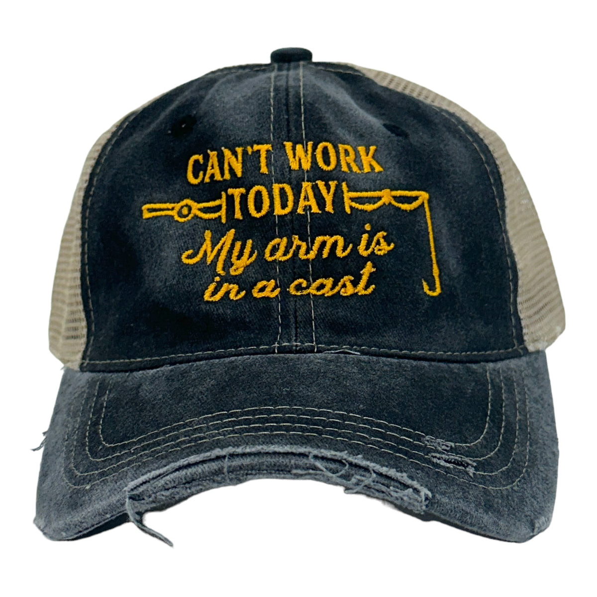 Crazy Dog T-shirts Can't Work Today My Arm Is in A Cast Hat Funny Fishing Rod Joke Trucker Cap, adult Unisex, Size: One Size