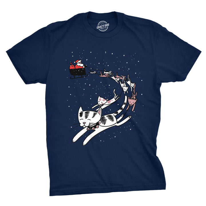 Funny Navy Cats In Christmas Sleigh Mens T Shirt Nerdy Christmas Cat Tee