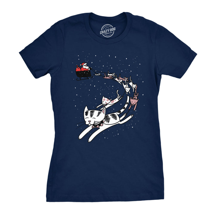 Funny Navy Cats In Christmas Sleigh Womens T Shirt Nerdy Christmas Cat Tee