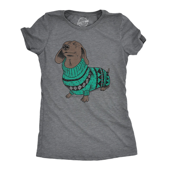 Funny Dark Heather Grey Dachshund In Christmas Sweater Womens T Shirt Nerdy Christmas Dog Ugly Sweater Tee