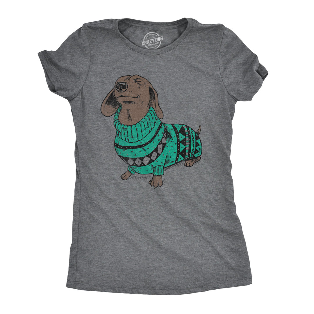 Funny Dark Heather Grey Dachschund In Christmas Sweater Womens T Shirt Nerdy Christmas Dog Ugly Sweater Tee