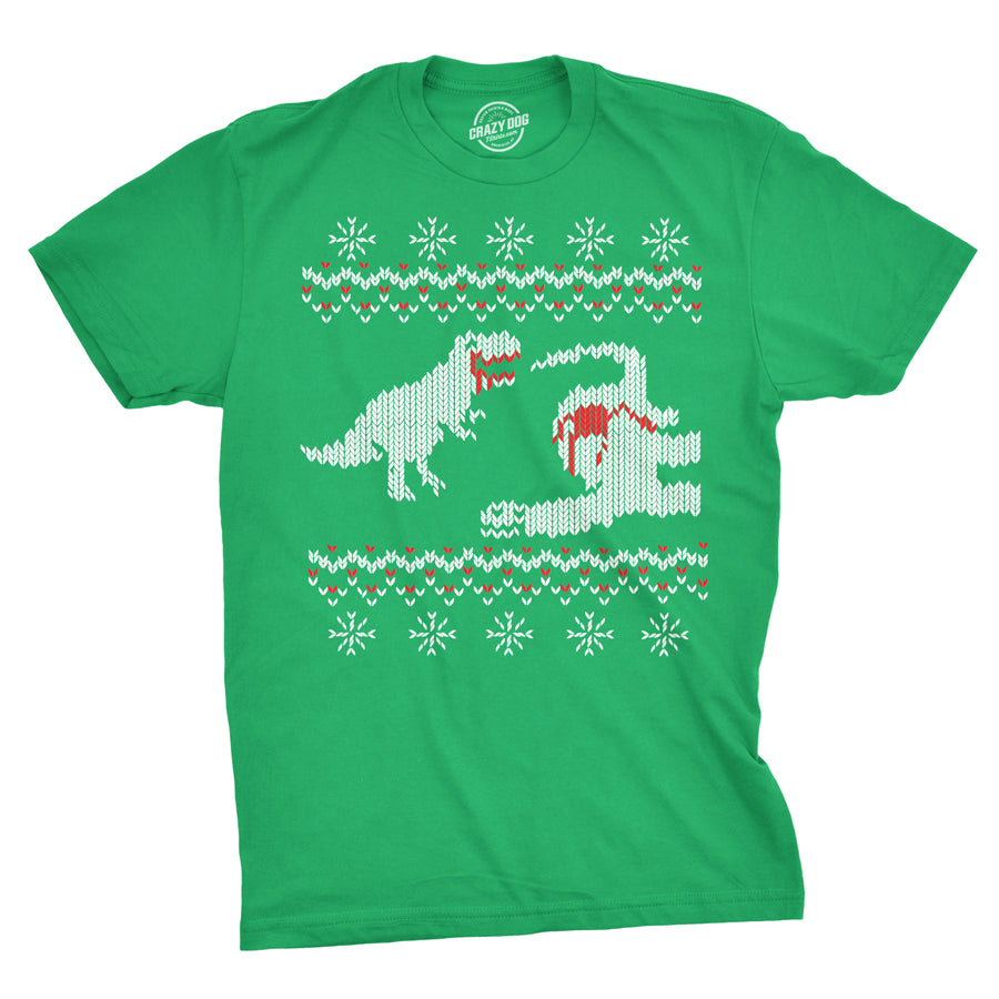 Funny Green T-Rex Dinosaur Snack Ugly Christmas Sweater Mens T Shirt Nerdy Christmas Dinosaur Ugly Sweater Tee