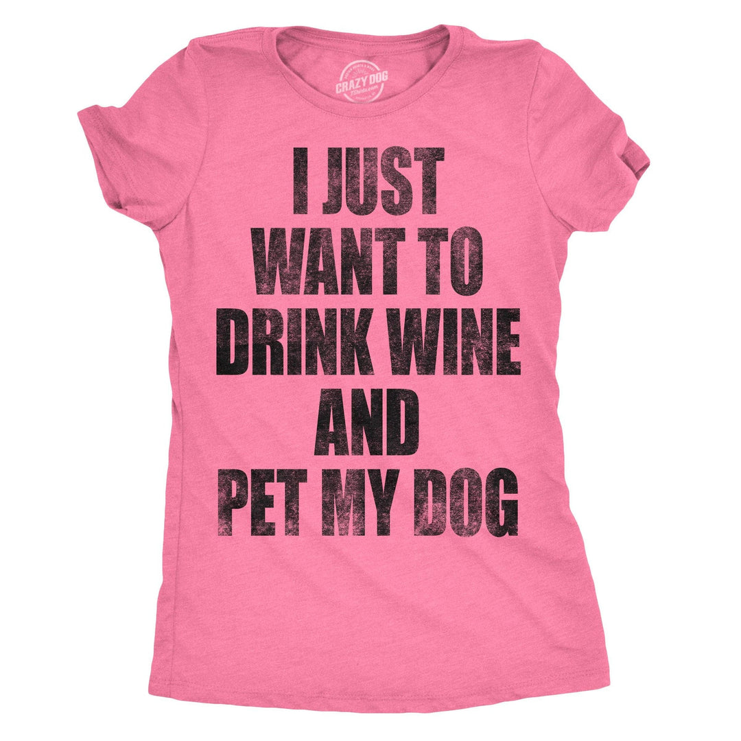 Funny Heather Pink Womens T Shirt Nerdy Dog Wine Drinking Tee