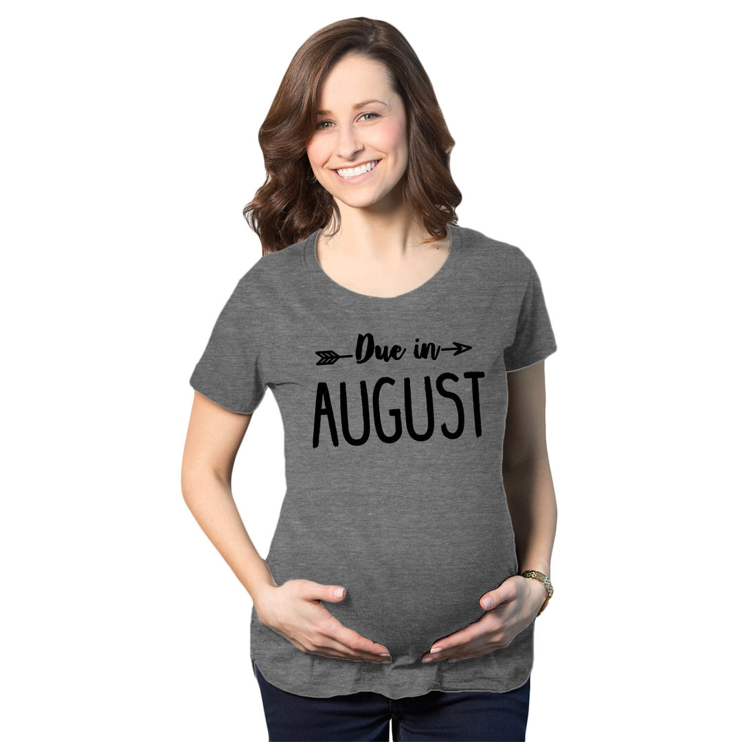 Funny Dark Heather Grey - August Due In Announcement Maternity T Shirt Nerdy Tee