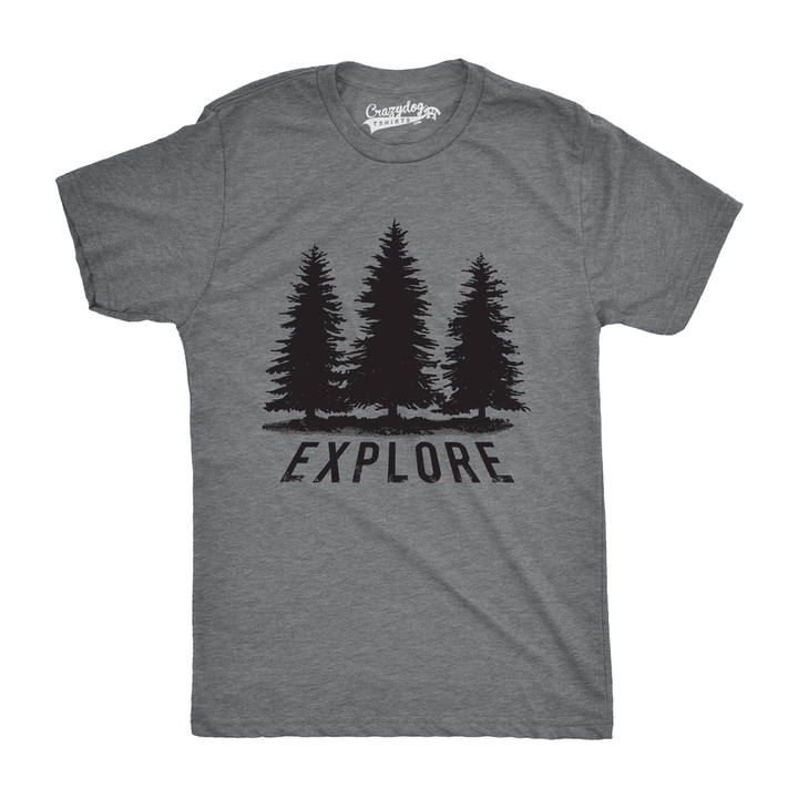 Funny Dark Heather Grey Explore Pine Trees Mens T Shirt Nerdy Camping Tee