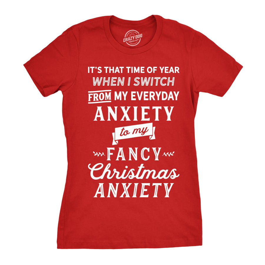 Funny Red Fancy Christmas Anxiety Womens T Shirt Nerdy Christmas Tee