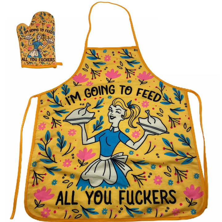 Funny Yellow I'm Going To Feed All You Fuckers Funny Cooking Food Graphic Kitchen Accessories (Oven Mitts + Apron) Nerdy Food Tee