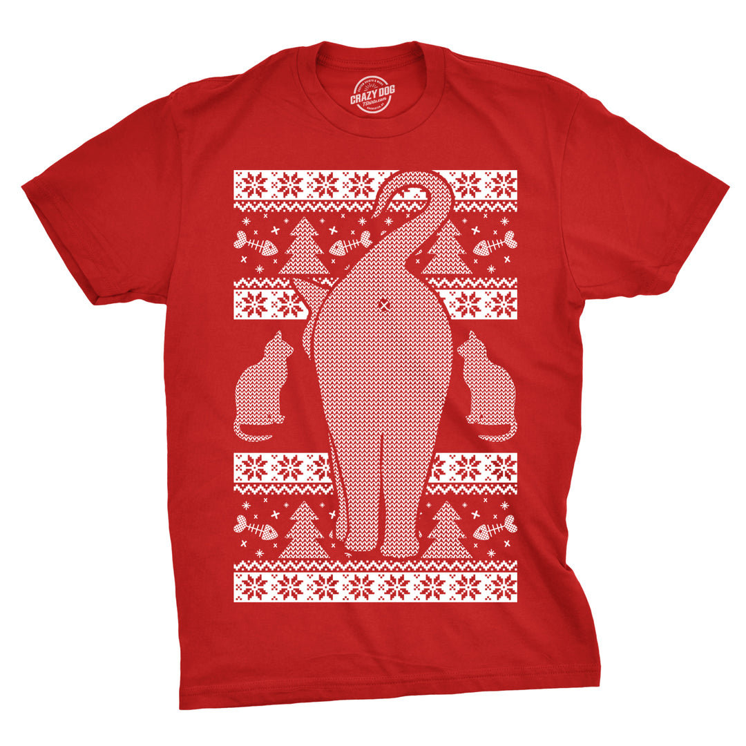 Funny Red Festive Feline Butt Mens T Shirt Nerdy Christmas Ugly Sweater Cat Tee