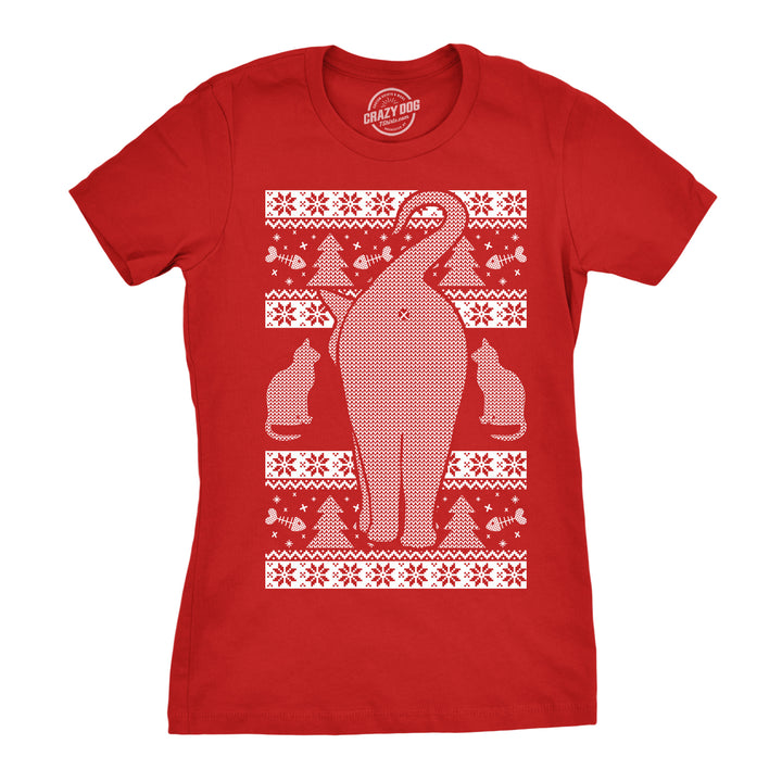 Funny Red Festive Feline Butt Womens T Shirt Nerdy Christmas Ugly Sweater Cat Tee