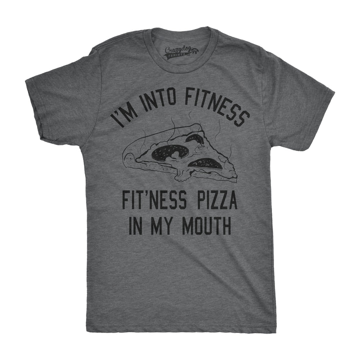 Funny Dark Heather Grey Fitness Pizza In My Mouth Mens T Shirt Nerdy Fitness Food Tee