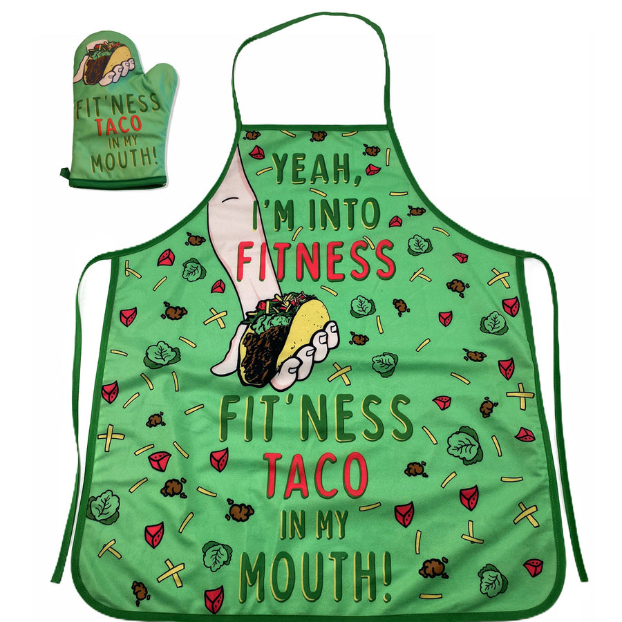 Funny Green Fitness Taco Oven Mitt + Apron Nerdy Cinco De Mayo Food Fitness Tee