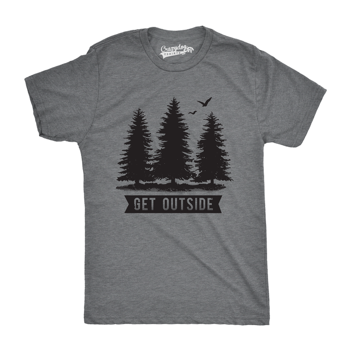 Funny Dark Heather Grey Pine Trees Get Outside Mens T Shirt Nerdy Camping Tee