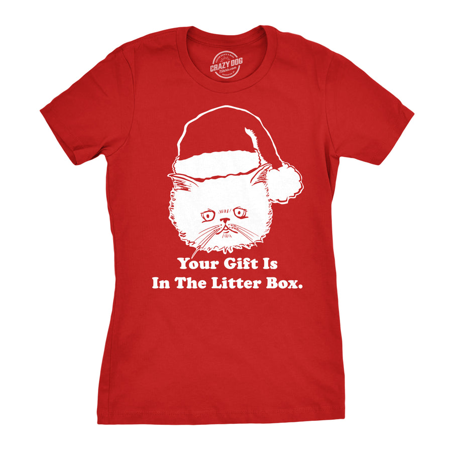 Funny Red Gift Is In The Litter Box Womens T Shirt Nerdy Christmas Cat Tee