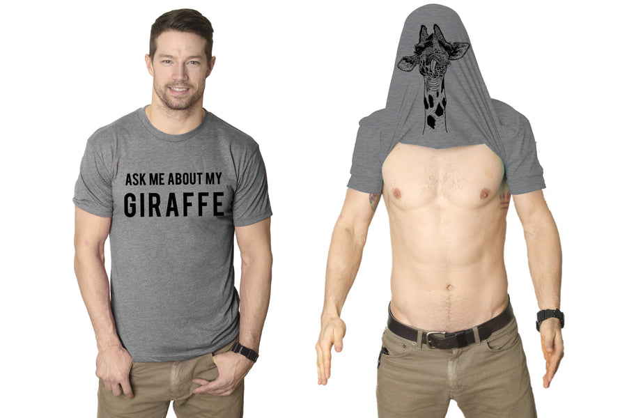 Funny Light Heather Grey Ask Me About My Giraffe Mens T Shirt Nerdy Animal Flip Tee