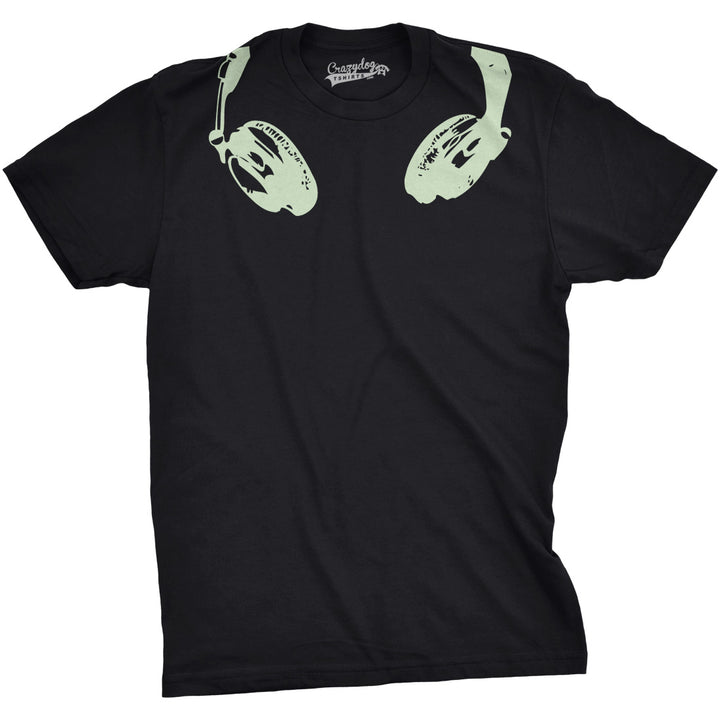 Funny Black Glow In the Dark Headphones Mens T Shirt Nerdy halloween Music Tee