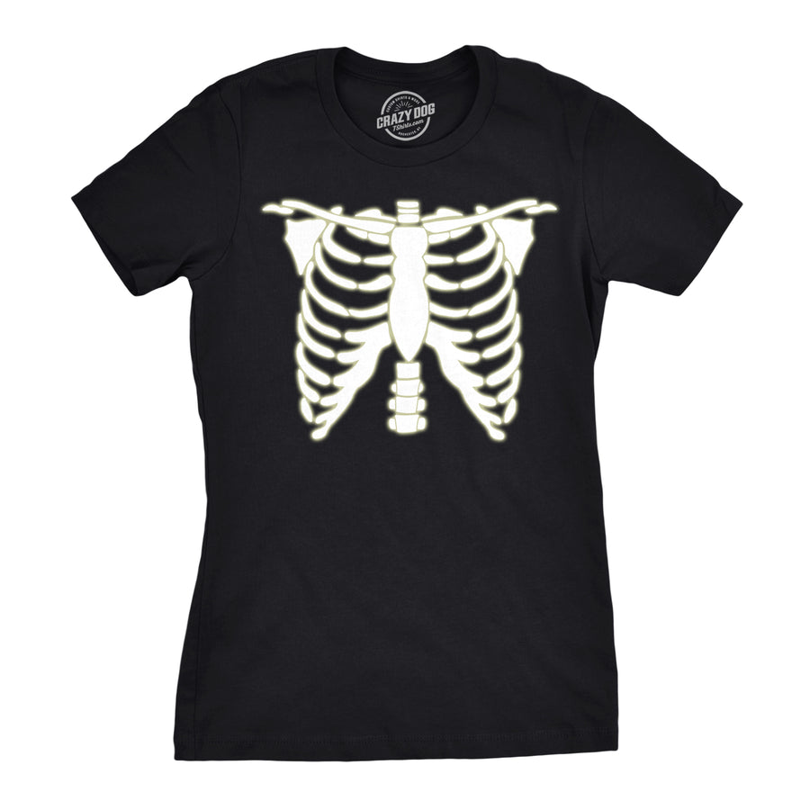 Funny Black Glowing Skeleton Rib Cage Halloween Womens T Shirt Nerdy Halloween Tee