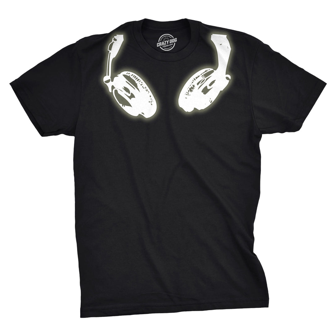 Funny Black Glow In the Dark Headphones Mens T Shirt Nerdy halloween Music Tee