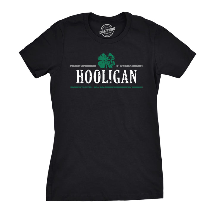 Funny Black Hooligan Shamrock Womens T Shirt Nerdy Saint Patrick's Day Drinking Tee