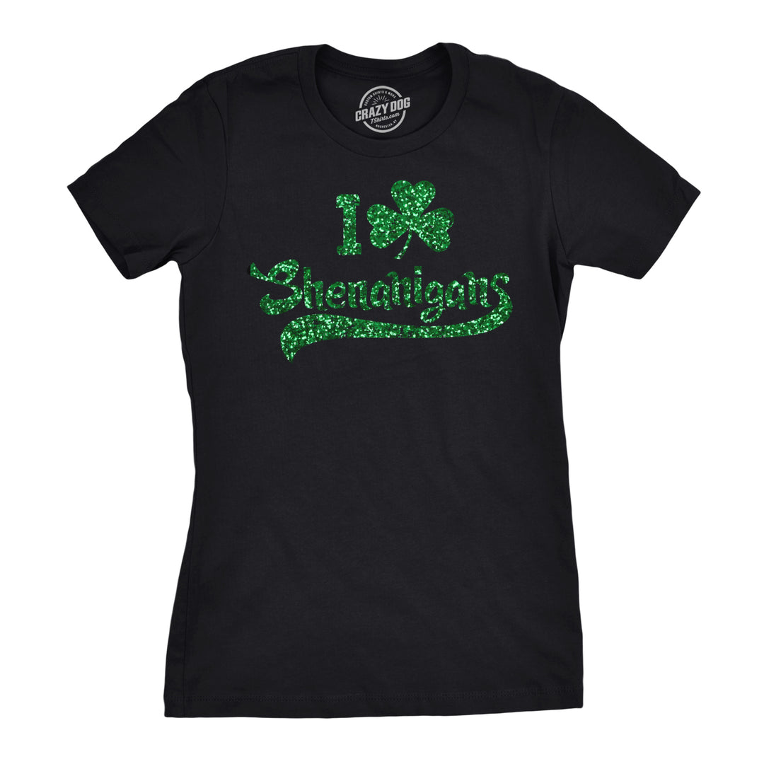 Funny Black I Clover Shenanigans Glitter Womens T Shirt Nerdy Saint Patrick's Day Drinking Tee