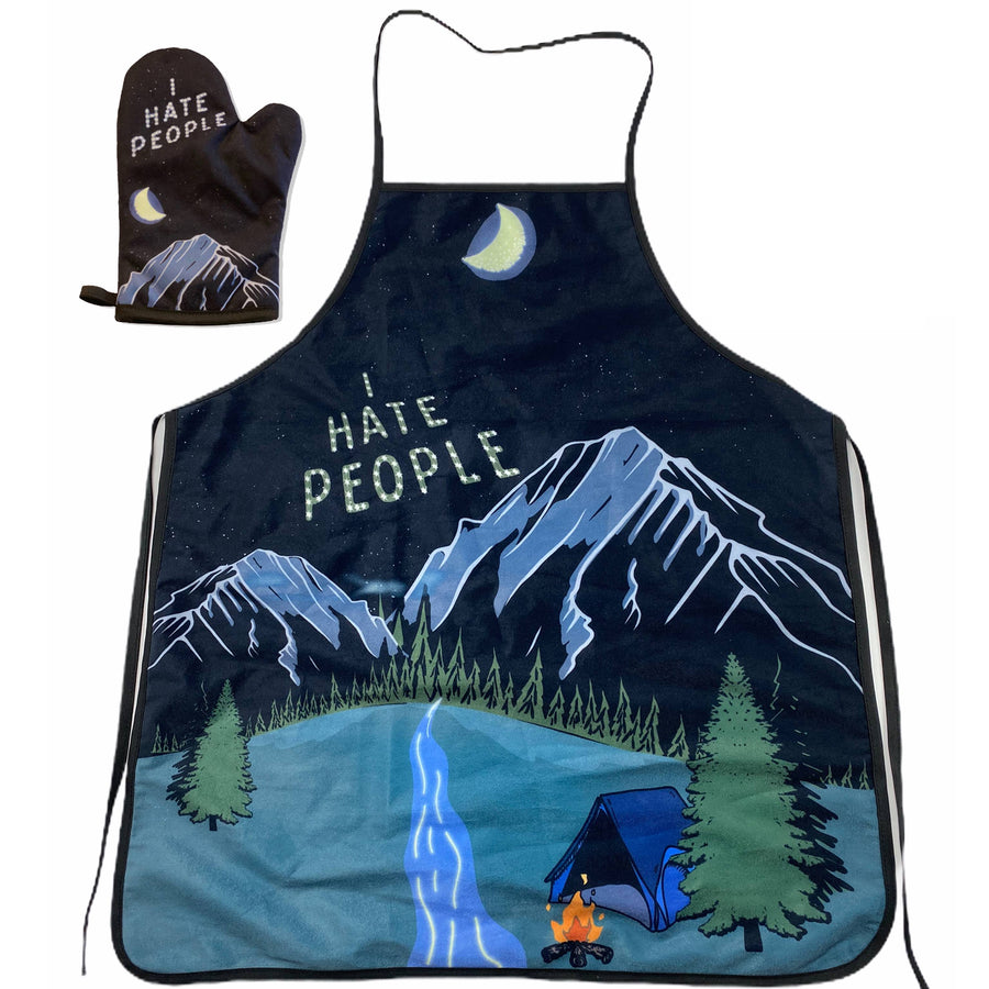 Funny Black I Hate People Oven Mitt + Apron Nerdy Camping Tee