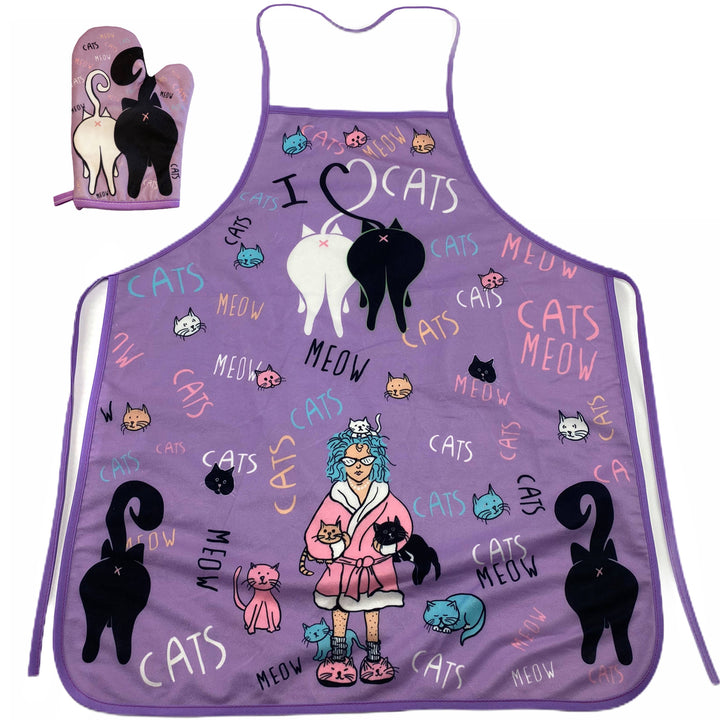 Funny Purple Crazy Cat Lady Oven Mitt + Apron Nerdy Cat Tee